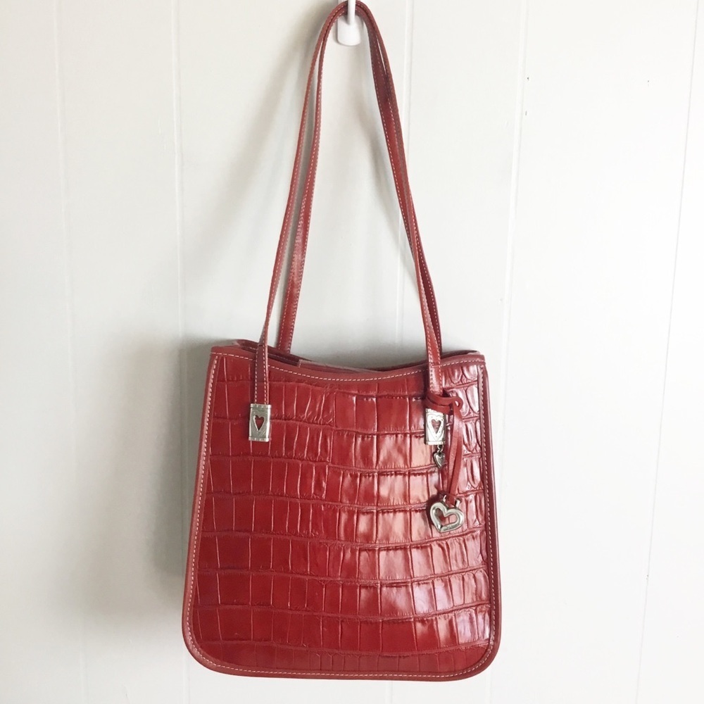 Brighton Red Croc Shoulder Bag Purse With Silver Hardwear